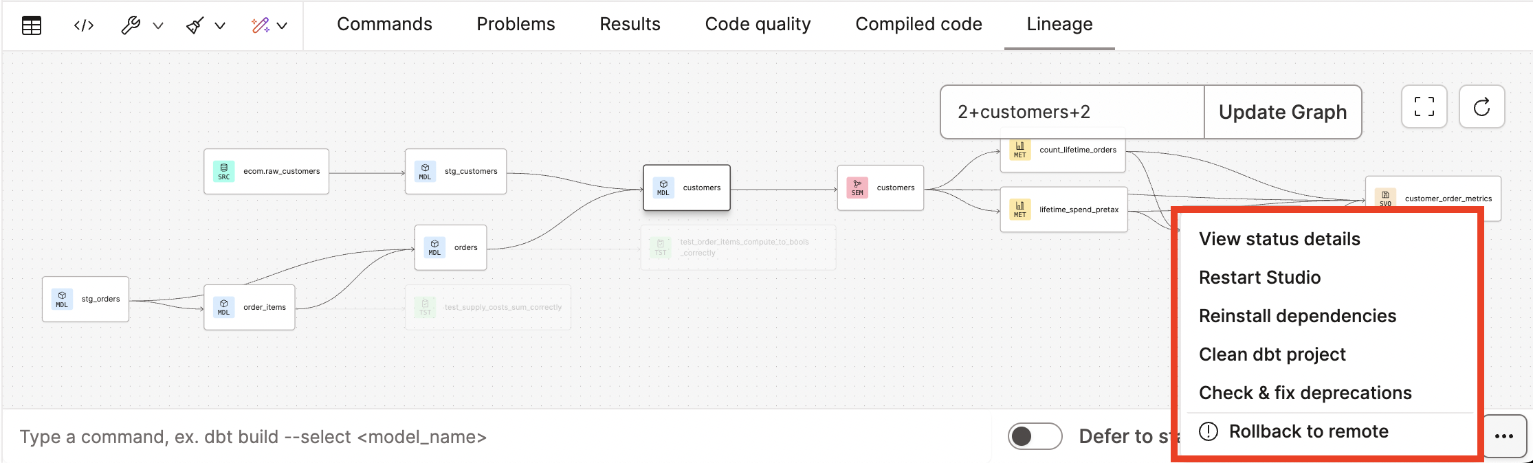 Access the IDE options menu to switch to dark or light mode, restart the IDE, rollback to remote, or view the IDE status