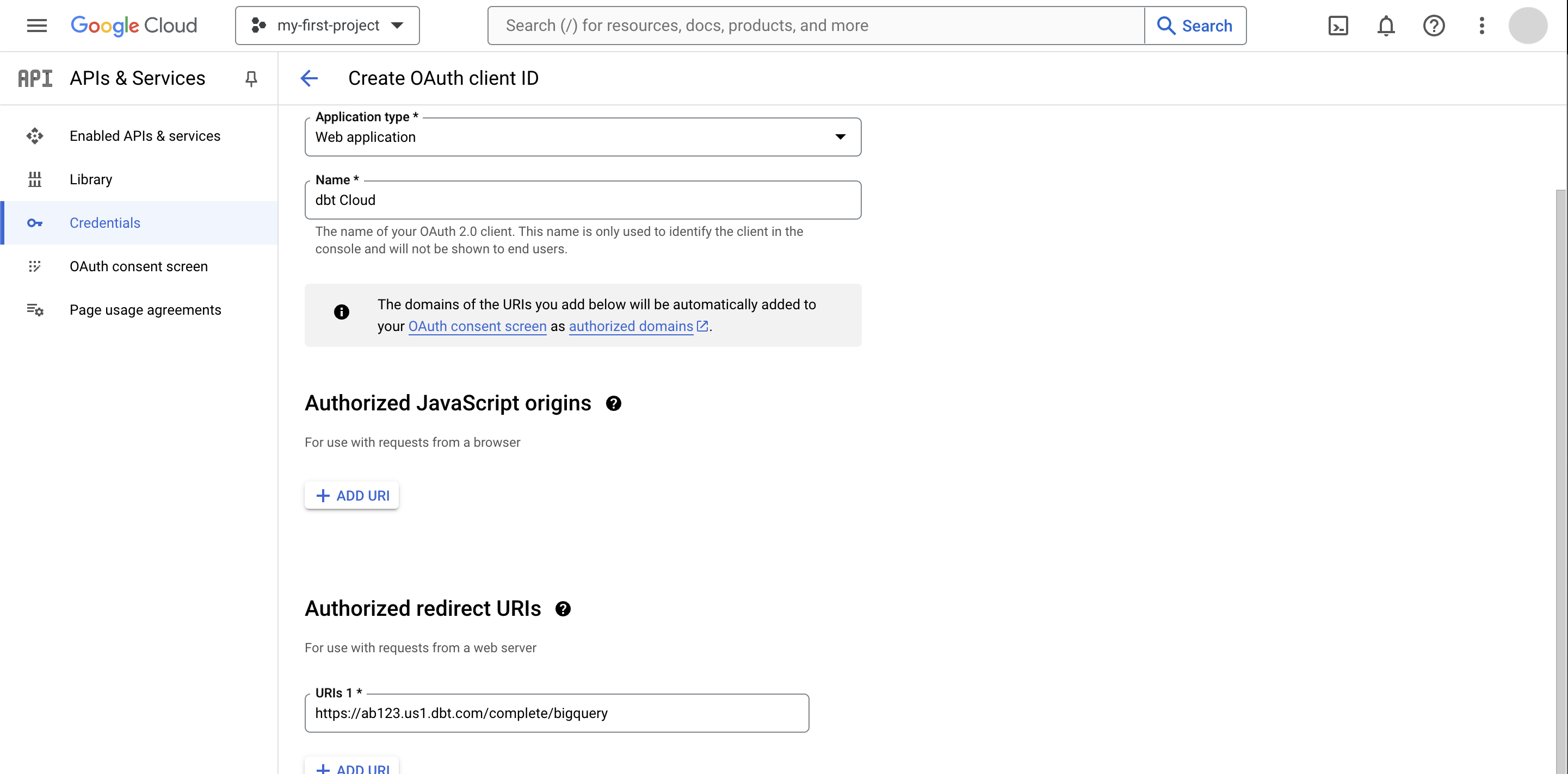 Create an OAuth app in BigQuery